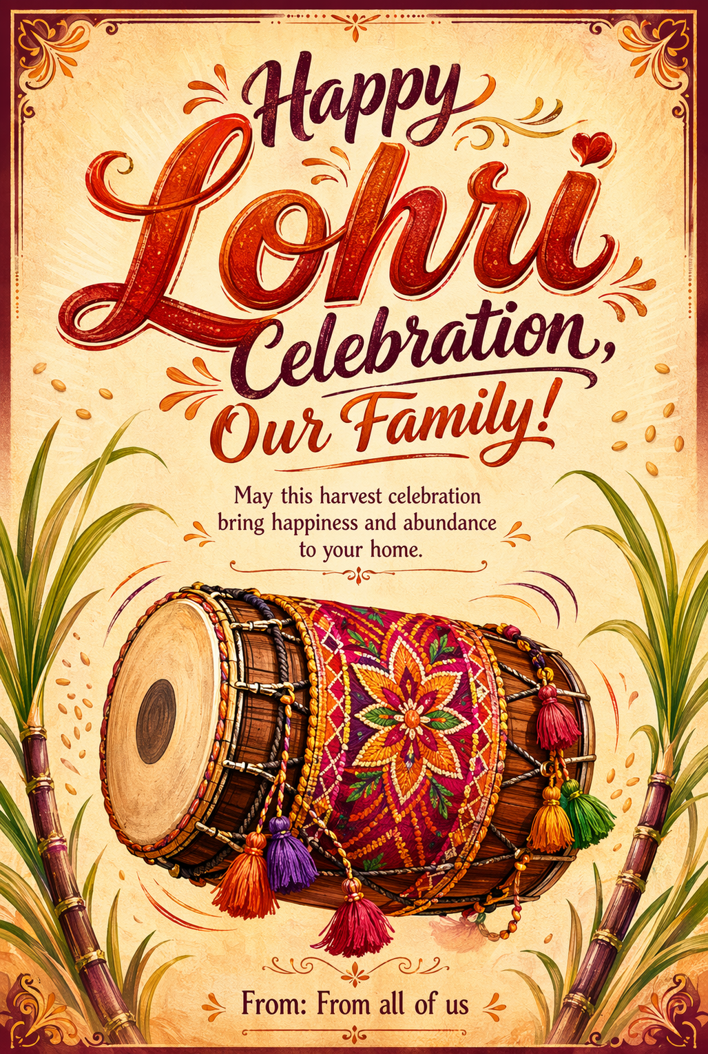 Lohri Celebration Traditional Dhol & Dance Greeting (Illustrated)