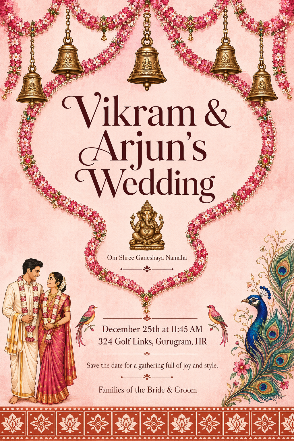 Wedding Temple Bell Peacock South Indian Wedding Invitation (Illustrated)